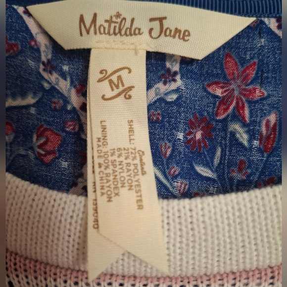 Matilda Jane Split Back Pink and White Striped Top with Blue Patterned Hem - Picture 5 of 6
